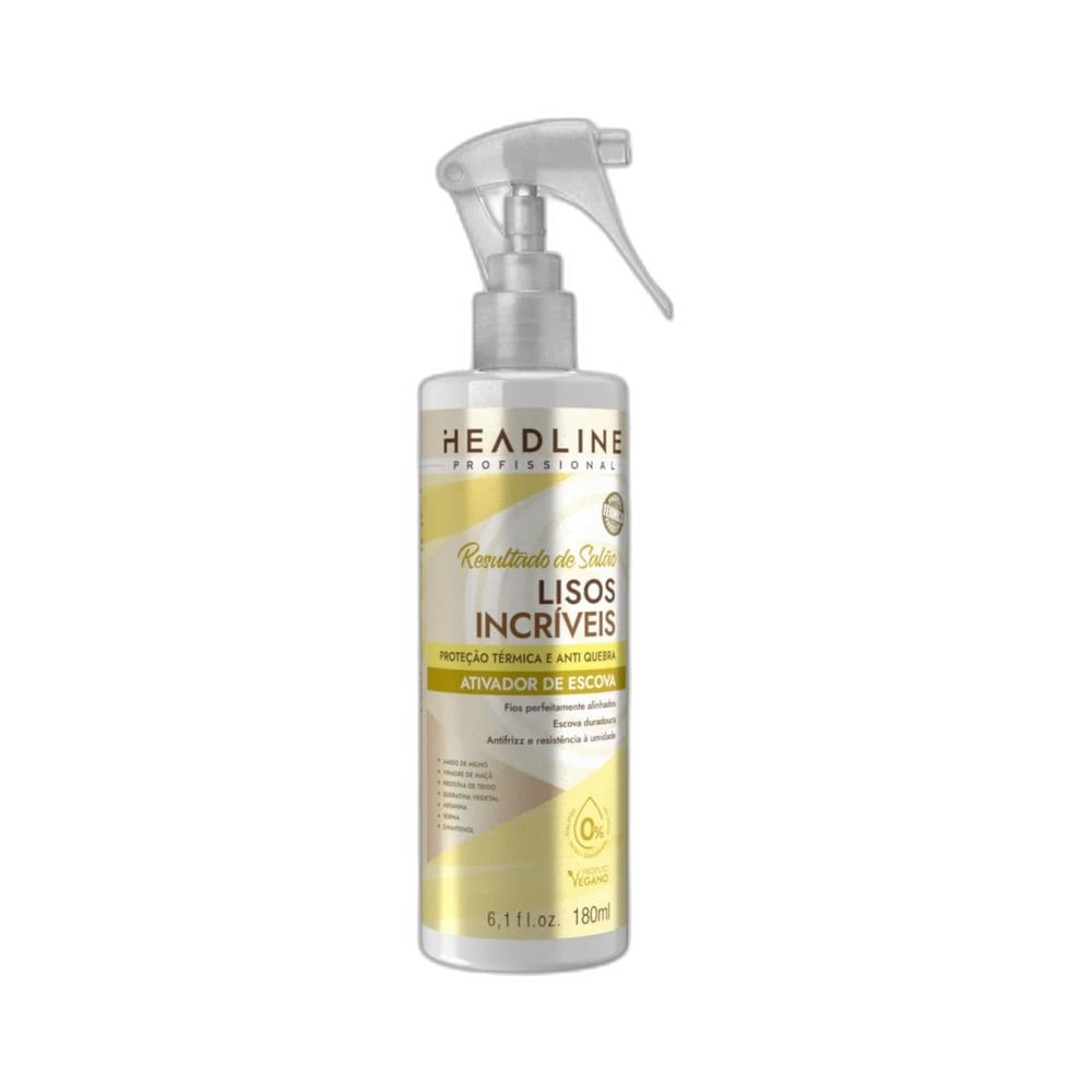 Frasco spray do Ativador de Escova Lisos Incríveis Headline 180ml com design branco e detalhes dourados